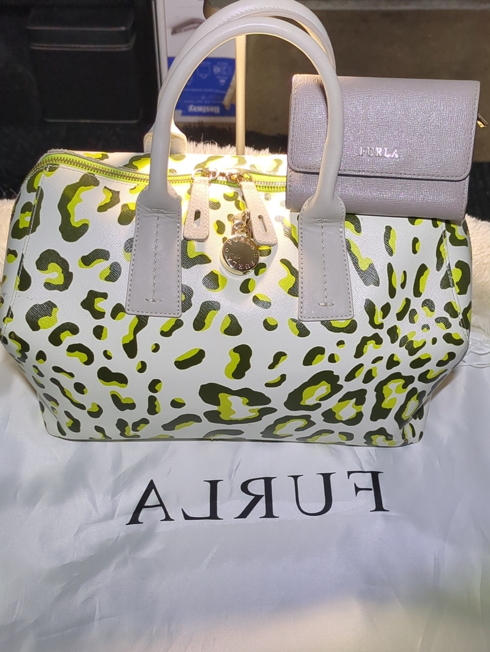 Furla White Satchel with Olive Leopard Print and Gold Hardware NOW ONLY $175